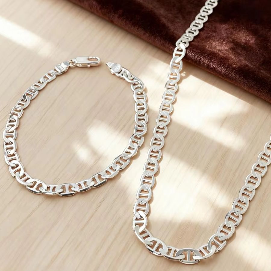 Men Accessories Chain And Bracelet - Новый набор из серебряных украшений 925